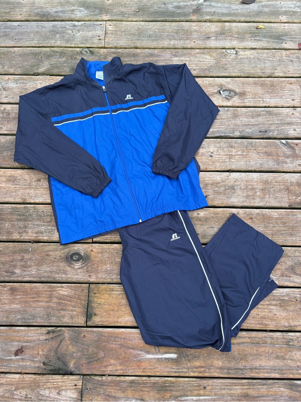 Vintage Russell Athletic Men’s Blue and Navy Swim Tracksuit